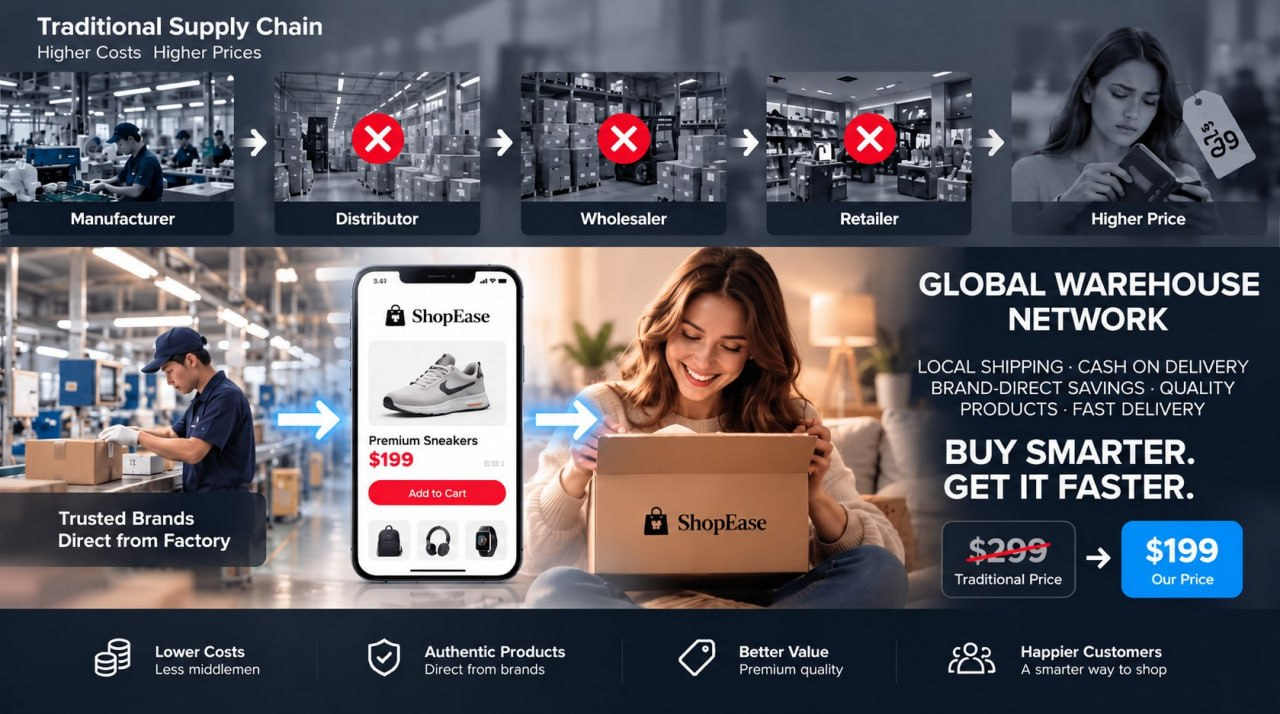 ShopEase Global Warehouse Network — cut middlemen, brand-direct savings, cash on delivery